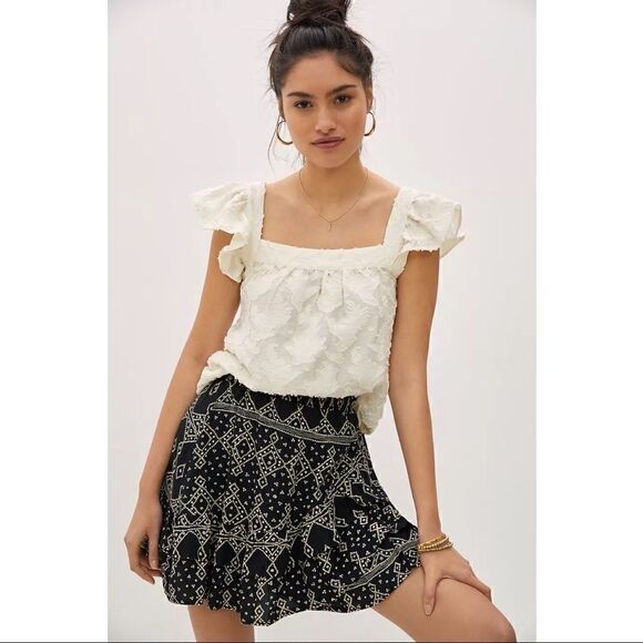 NEW Anthropologie Beachgold Aidy Black Flowy Ruffled Pull-On Mini Skirt Large - Picture 1 of 3